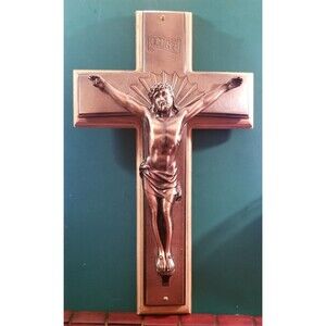 Vintage Curved Bronze Crucifix Casket Topper Mounted on Board 16.5"x9.75"